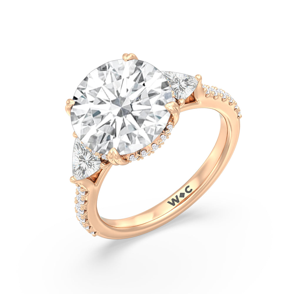 Elegance Trillion Diamond Three Stone Engagement Ring with Round Cut Diamond in 14KT Rose Gold view 3
