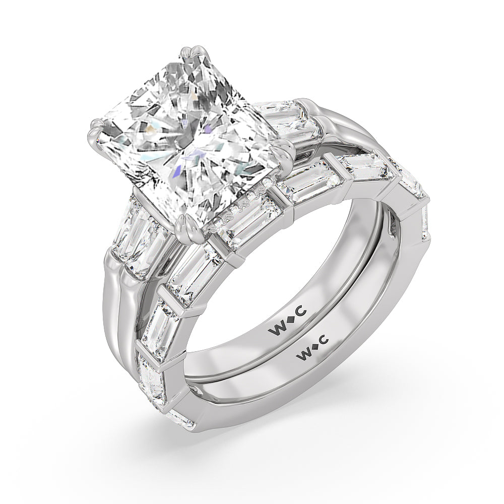 Elegance Twin Baguette Side Stone Diamond Wedding Band with Platinum Cut Diamond in 14KT Platinum view 3
