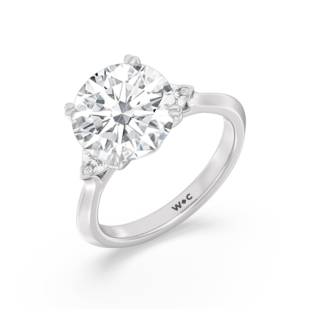 Elegance Trillion Three Stone Engagement Ring with Round Cut Diamond in 14KT Platinum view 4
