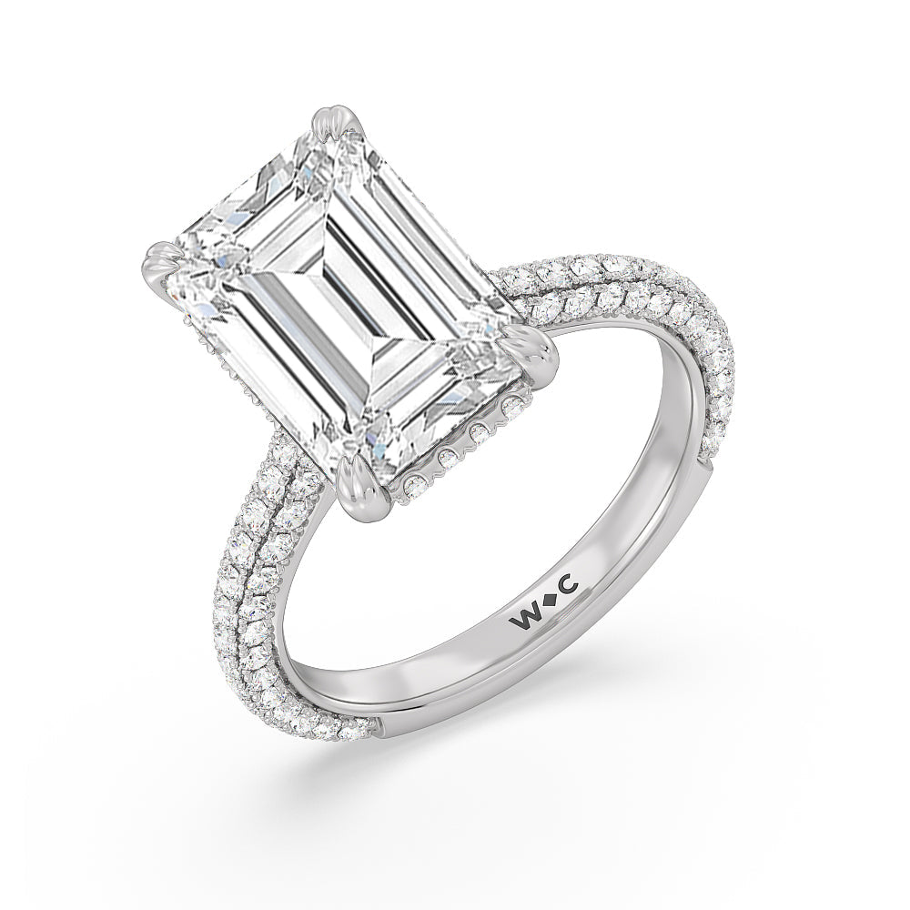 Emerald Cut Elegance Diamond Studded Gallery Hidden Halo Engagement Ring (E+ VVS+) with Lab Grown Diamond in 14KT Platinum view 3
