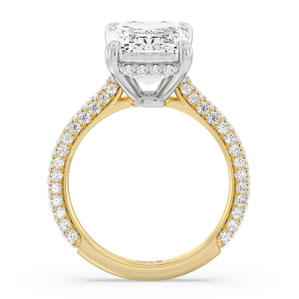 Elegance Diamond Studded Gallery Hidden Halo Engagement Ring with Emerald Cut Diamond in 14KT White & Yellow Gold view 2
