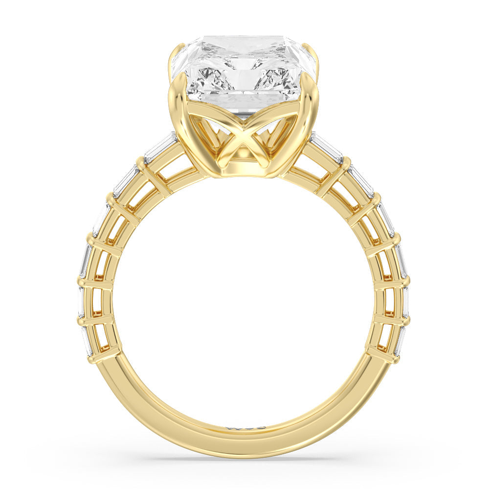 Radiant Cut Elegance Two Row Baguette Studded Engagement Ring (E+ VVS+) with Lab Grown Diamond in 14KT Yellow Gold view 2
