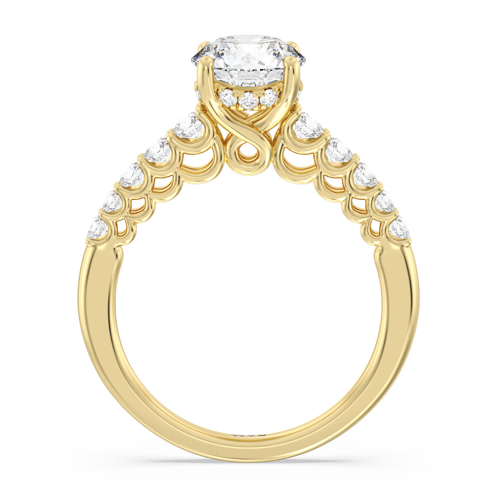 Round Cut Galleria Open Work Side Stone & Hidden Halo Engagement Ring with Lab Grown Diamond in 14KT Yellow Gold view 2
