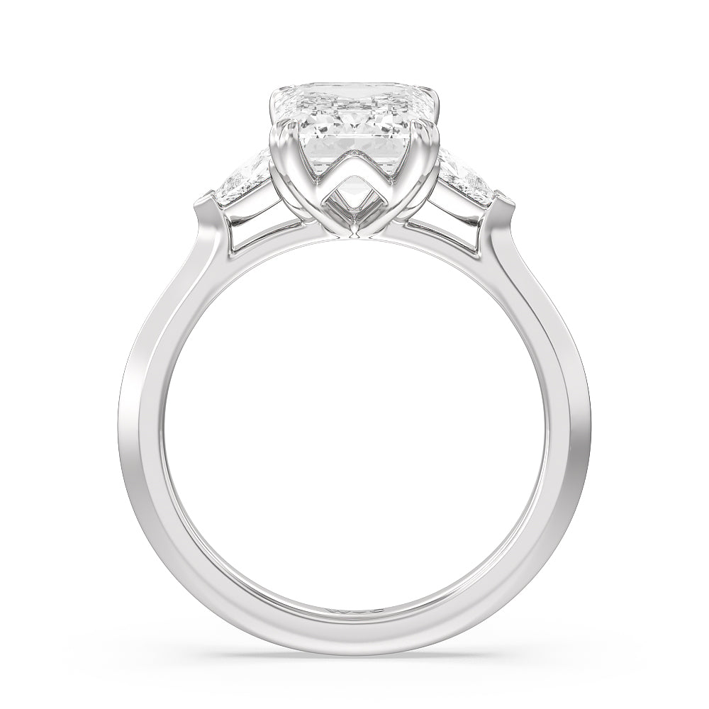 Elegance Trillion Three Stone Engagement Ring with Emerald Cut Diamond in 14KT Platinum view 2
