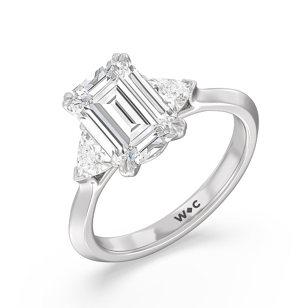 Elegance Trillion Three Stone Engagement Ring with Emerald Cut Diamond in 14KT Platinum view 3
