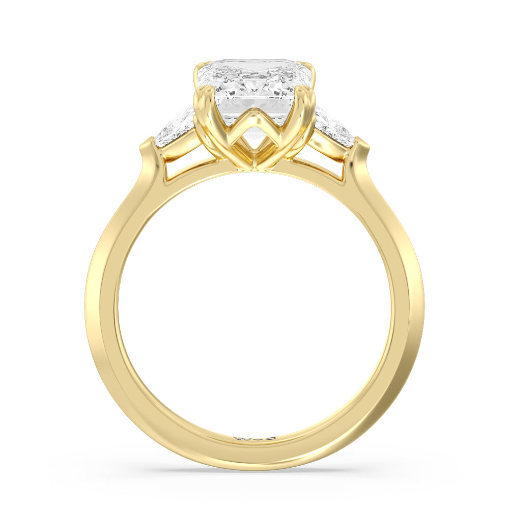 Elegance Trillion Three Stone Engagement Ring with Emerald Cut Diamond in 14KT Yellow Gold view 2
