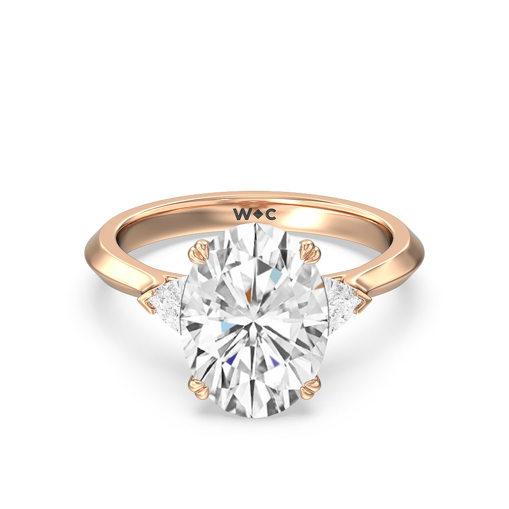 Elegance Trillion Three Stone Engagement Ring with Oval Cut Diamond in 14KT Rose Gold view 2
