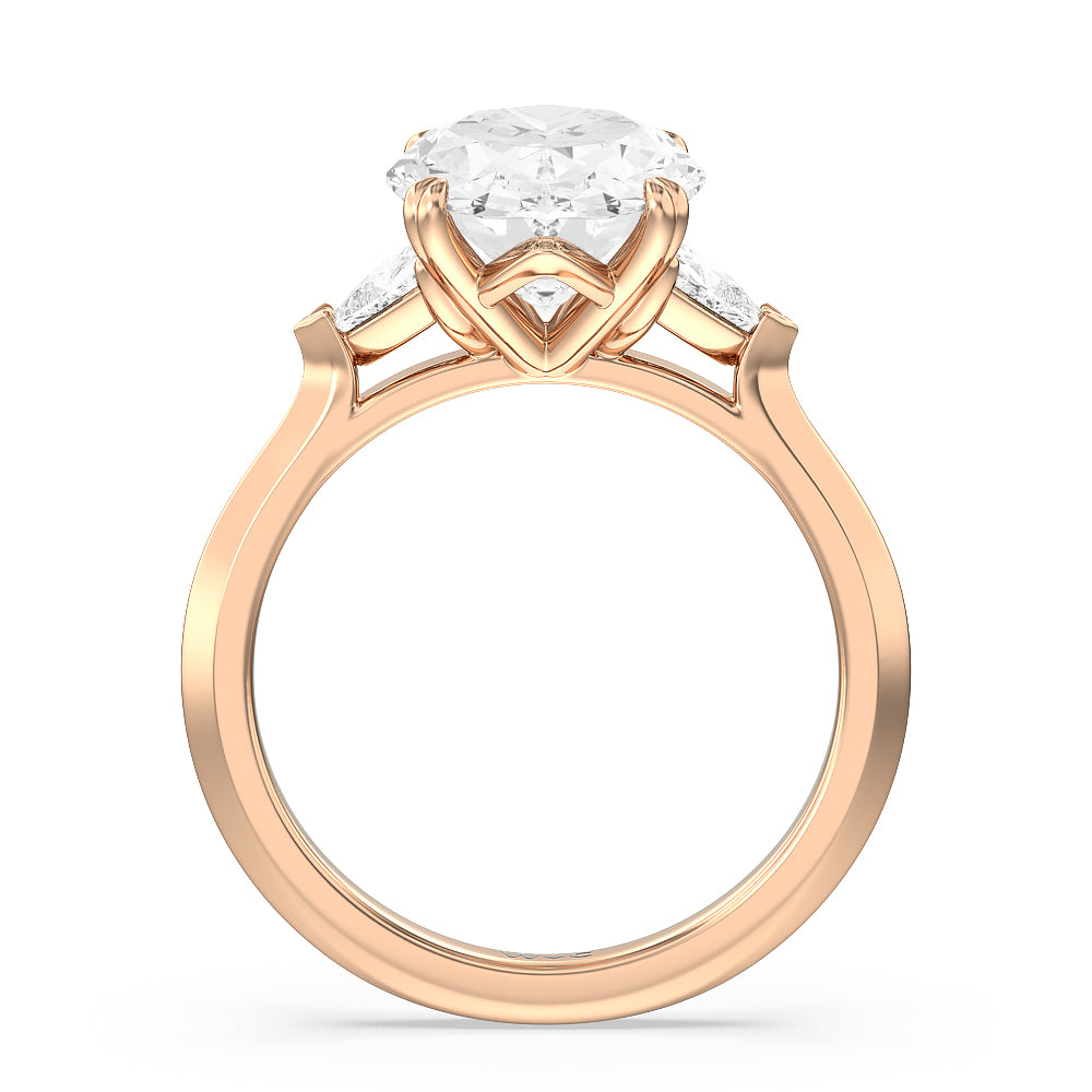 Elegance Trillion Three Stone Engagement Ring with Oval Cut Diamond in 14KT Rose Gold view 3
