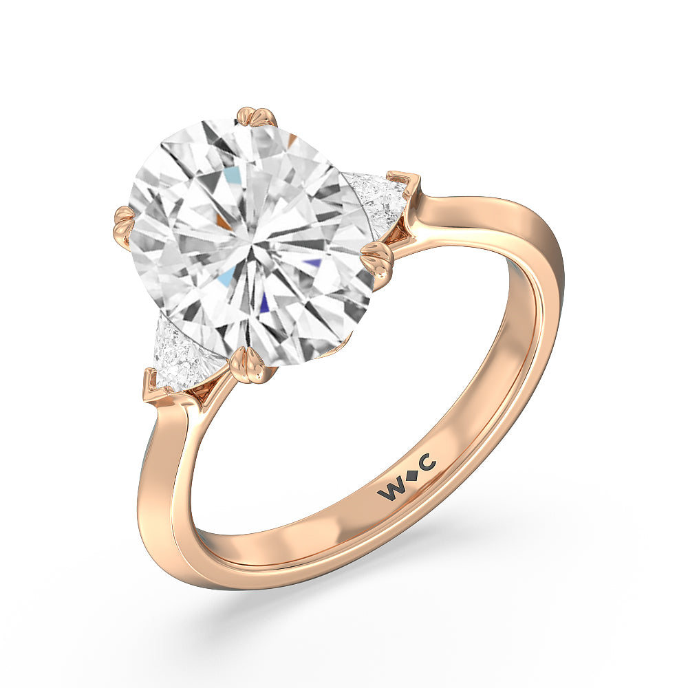 Elegance Trillion Three Stone Engagement Ring with Oval Cut Diamond in 14KT Rose Gold view 4
