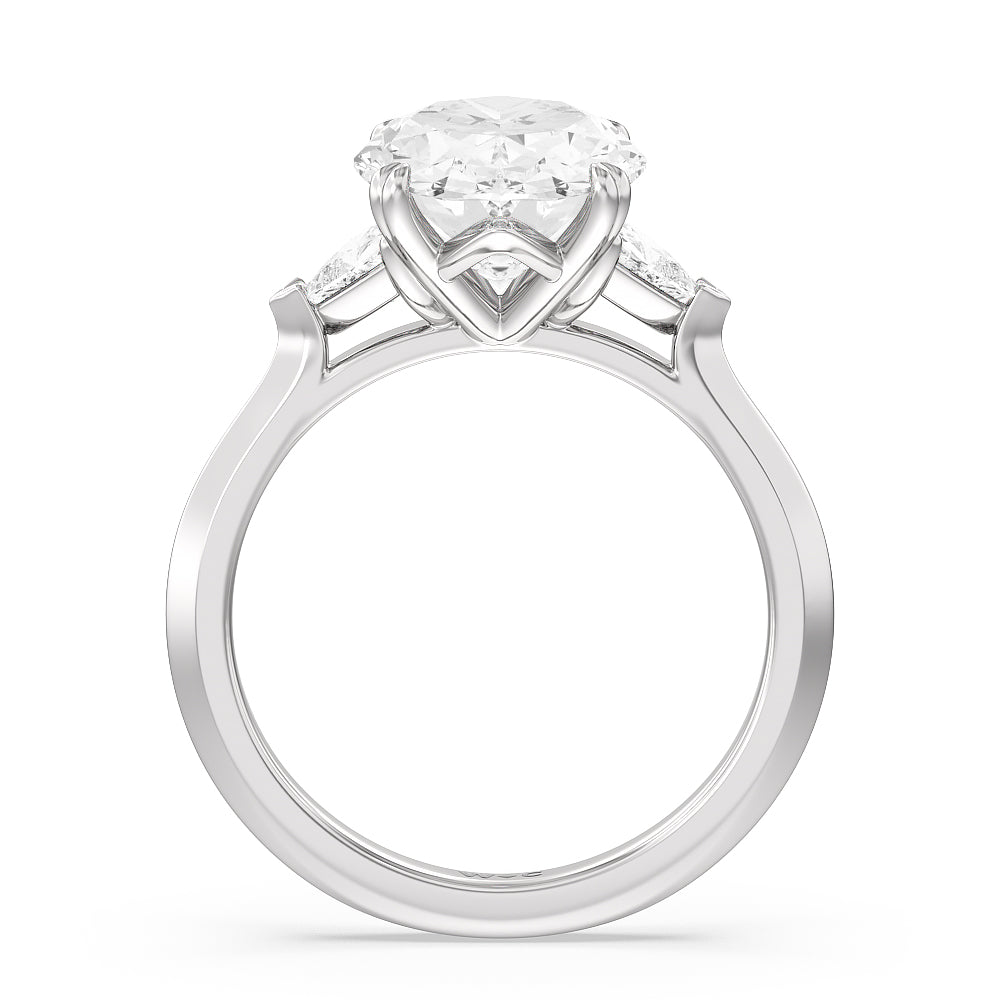 Elegance Trillion Three Stone Engagement Ring with Oval Cut Diamond in 14KT Platinum view 3
