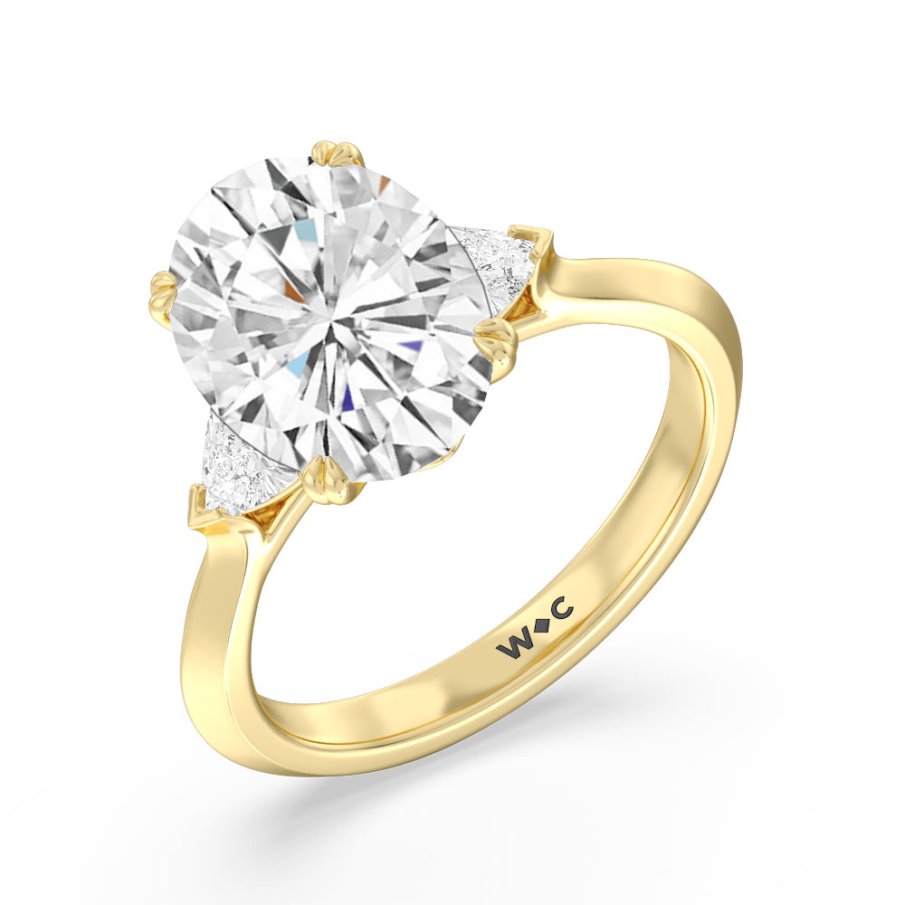 Elegance Trillion Three Stone Engagement Ring with Oval Cut Diamond in 14KT Yellow Gold view 4
