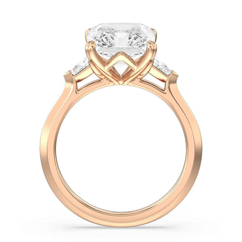 Elegance Trillion Three Stone Engagement Ring with Radiant Cut Diamond in 14KT Rose Gold view 3
