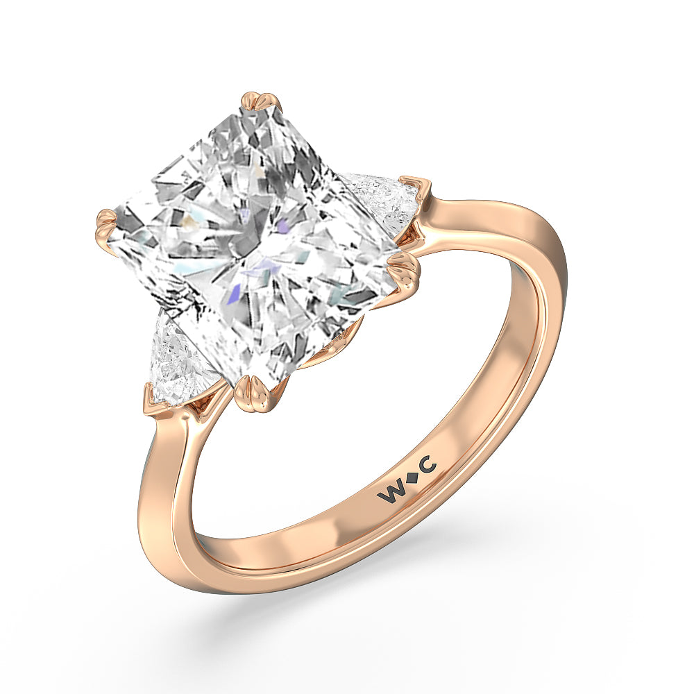 Elegance Trillion Three Stone Engagement Ring with Radiant Cut Diamond in 14KT Rose Gold view 4
