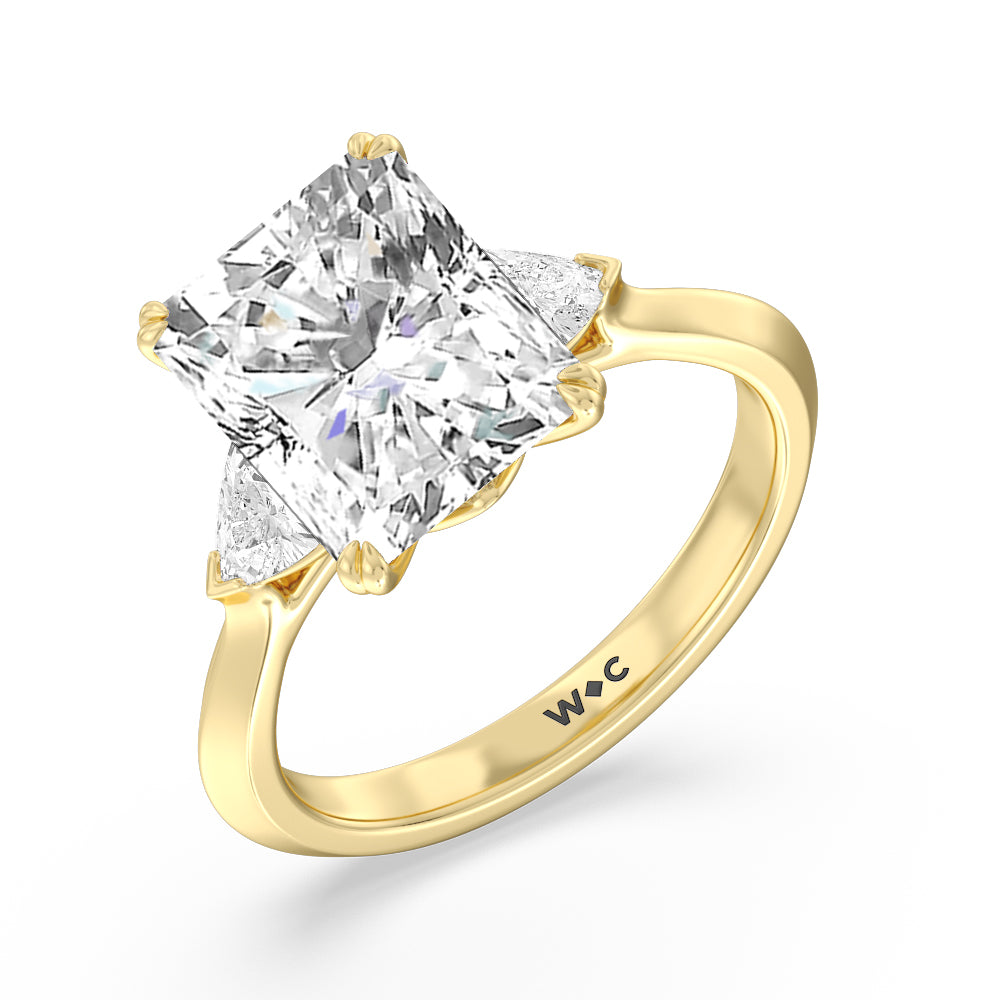 Elegance Trillion Three Stone Engagement Ring with Radiant Cut Diamond in 14KT Yellow Gold view 4
