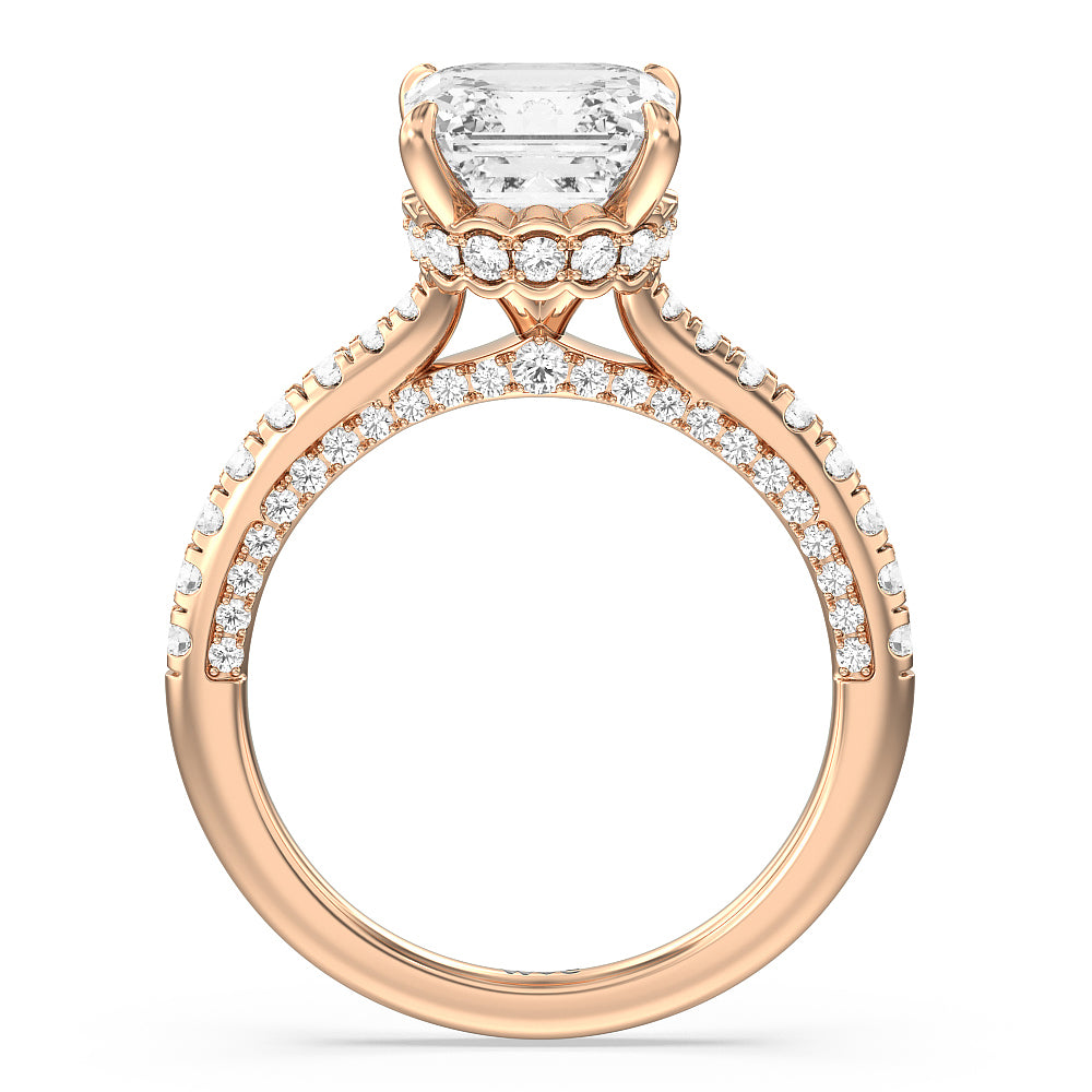 Asscher Cut Scalloped Hidden Halo with Studded Gallery Engagement Ring with Lab Grown Diamond in 14KT Rose Gold view 2

