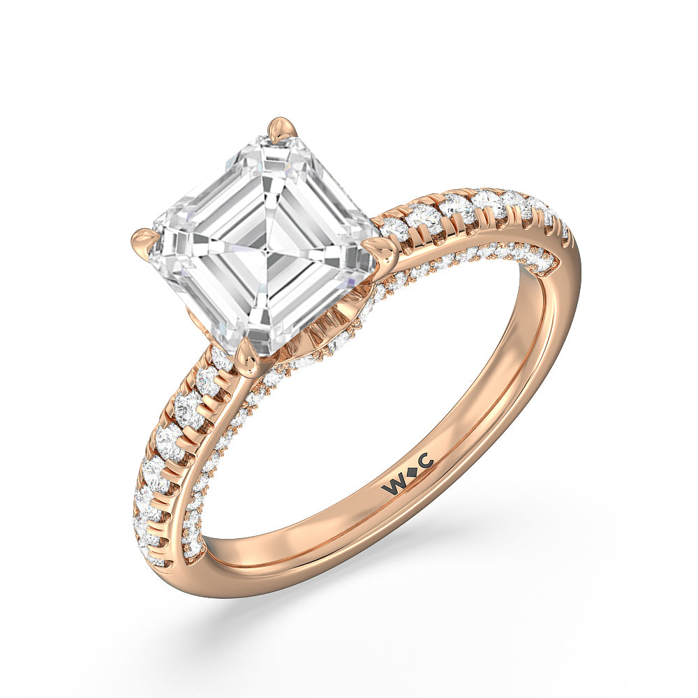 Asscher Cut Scalloped Hidden Halo with Studded Gallery Engagement Ring with Lab Grown Diamond in 14KT Rose Gold view 3
