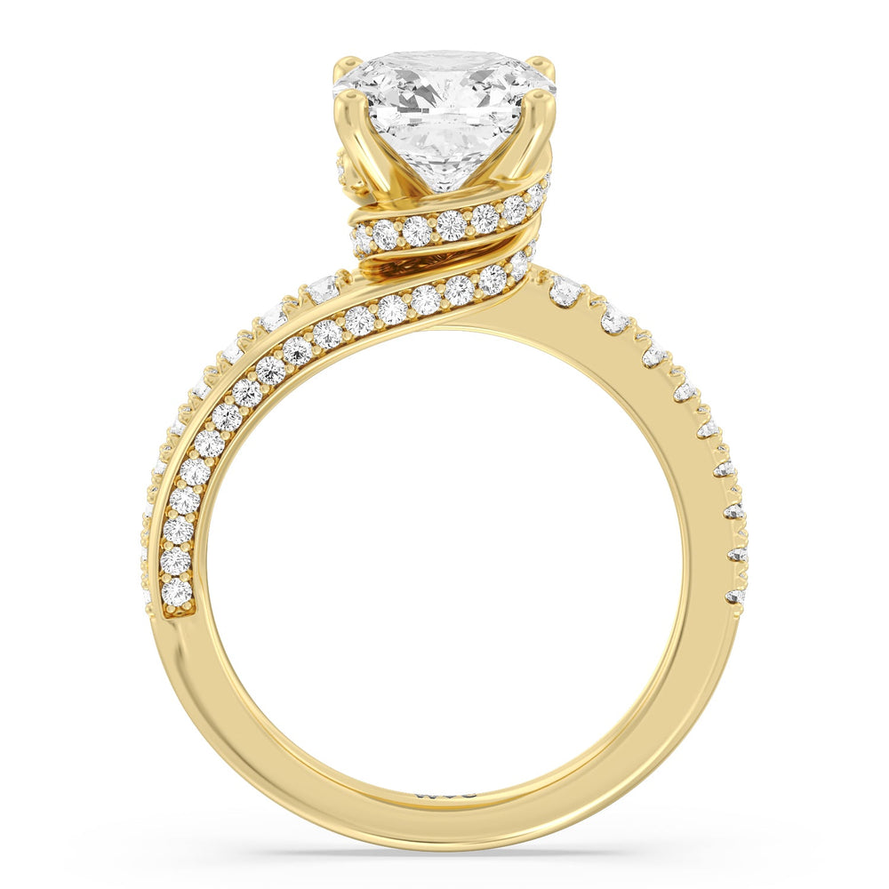 Ascending Gallery Studded Hidden Halo Engagement Ring with Cushion Cut Diamond in 14KT Yellow Gold view 2
