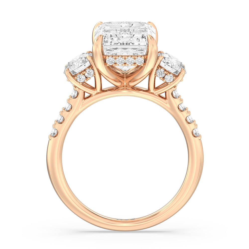 Brilliant Trio Cathedral Ring with Emerald Cut Diamond in 14KT Rose Gold view 3
