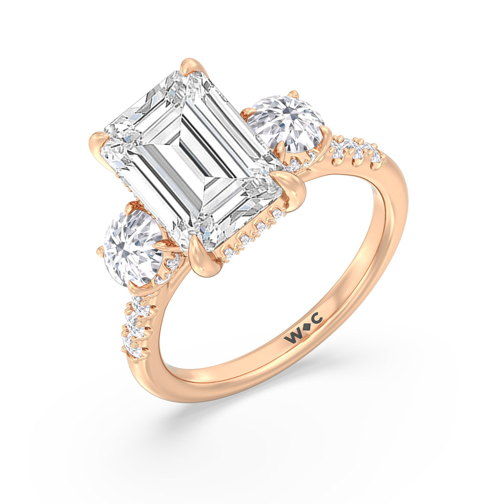 Brilliant Trio Cathedral Ring with Emerald Cut Diamond in 14KT Rose Gold view 4
