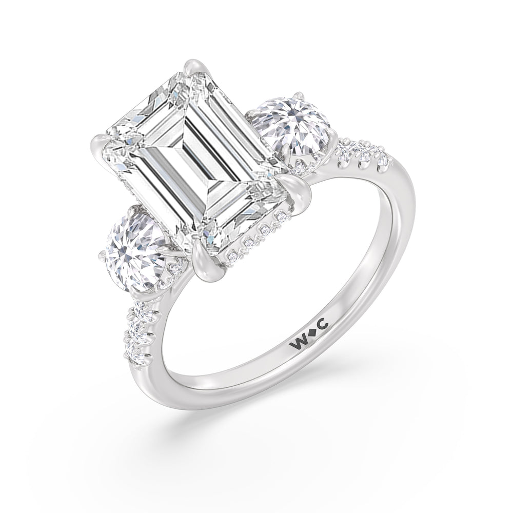 Brilliant Trio Cathedral Ring with Emerald Cut Diamond in 14KT Platinum view 4
