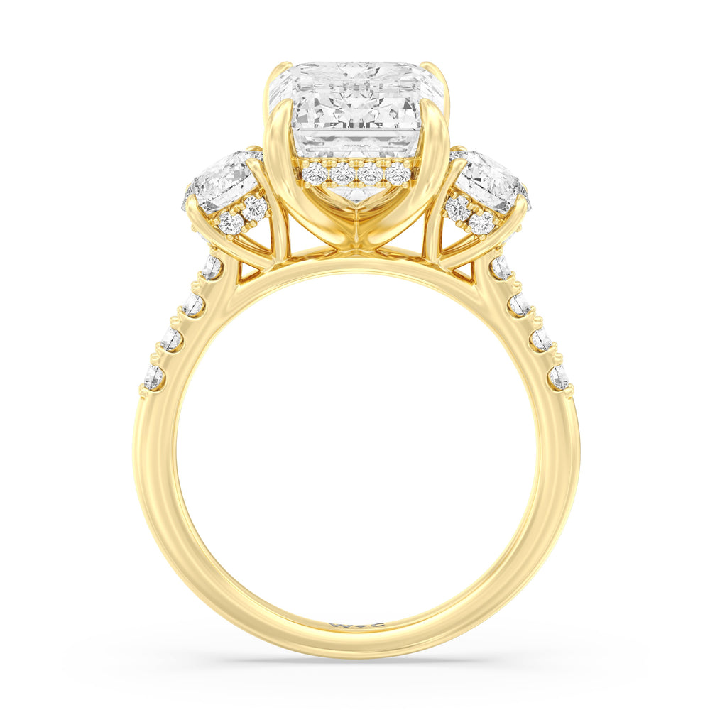 Brilliant Trio Cathedral Ring with Emerald Cut Diamond in 14KT Yellow Gold view 3
