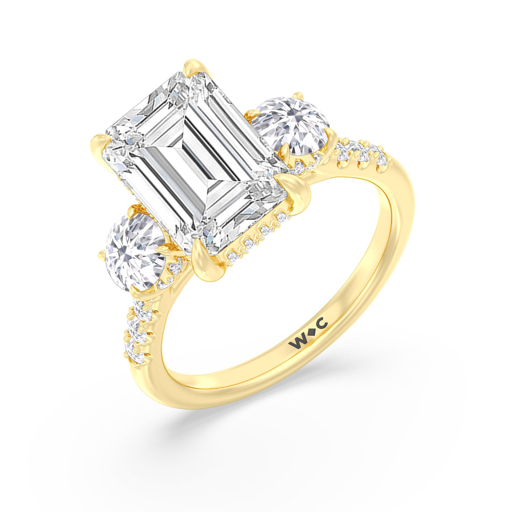 Brilliant Trio Cathedral Ring with Emerald Cut Diamond in 14KT Yellow Gold view 4

