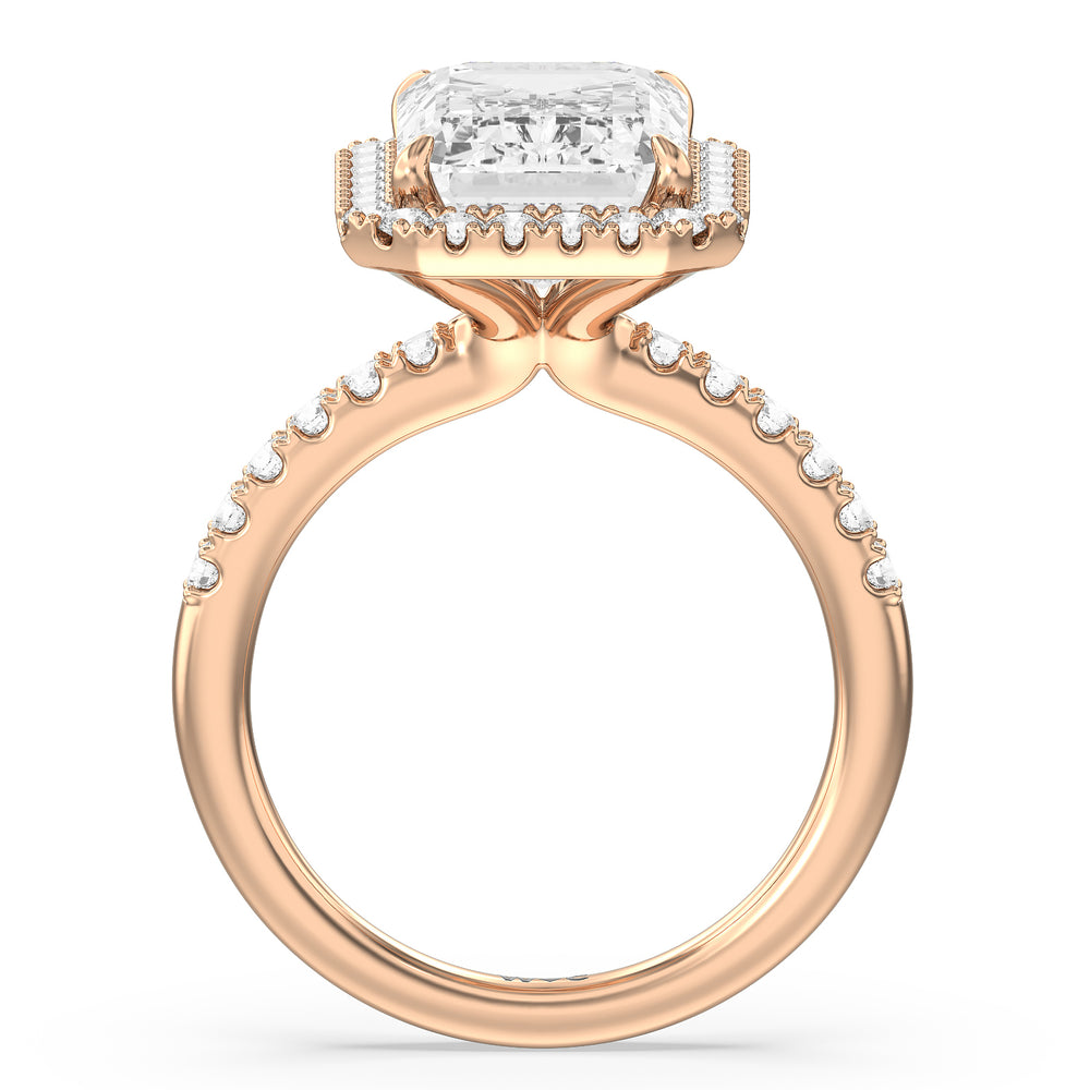 Grand Pave Halo Ring with Emerald Cut Diamond in 14KT Rose Gold view 2
