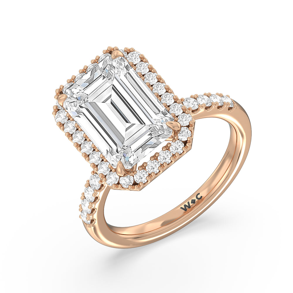 Grand Pave Halo Ring with Emerald Cut Diamond in 14KT Rose Gold view 3
