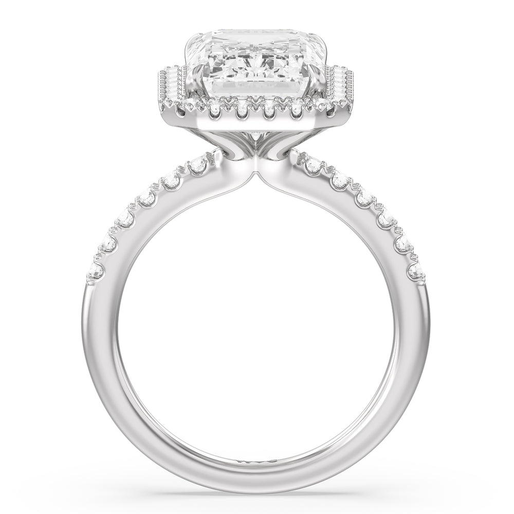 Grand Pave Halo Ring with Emerald Cut Diamond in 14KT Platinum view 2
