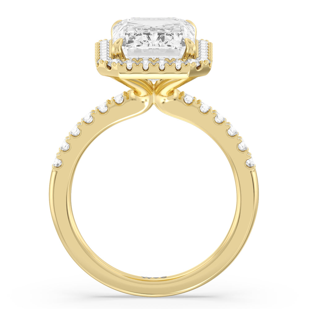 Grand Pave Halo Ring with Emerald Cut Diamond in 14KT Yellow Gold view 2
