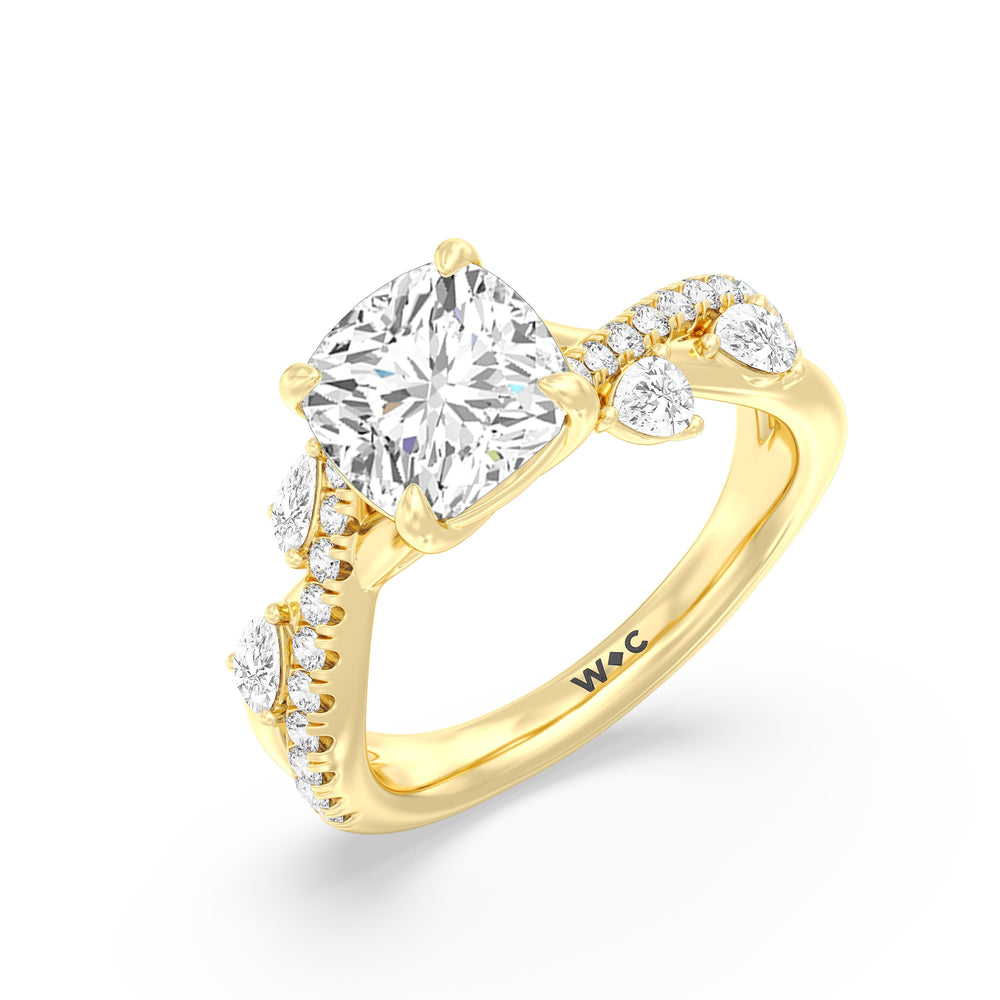 Regal Vine Engagement Ring with Cushion Cut Diamond in 14KT Yellow Gold view 3

