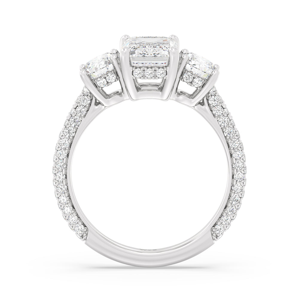 Emerald Cut Elegance Three Stone Studded Gallery Hidden Halo Engagement Ring with Lab Grown Diamond in 14KT Platinum view 2
