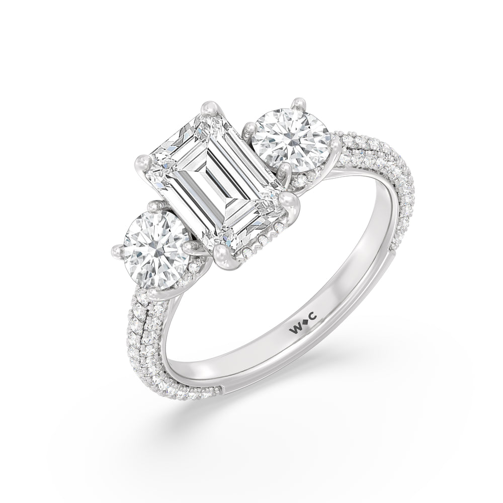 Emerald Cut Elegance Three Stone Studded Gallery Hidden Halo Engagement Ring with Lab Grown Diamond in 14KT Platinum view 3
