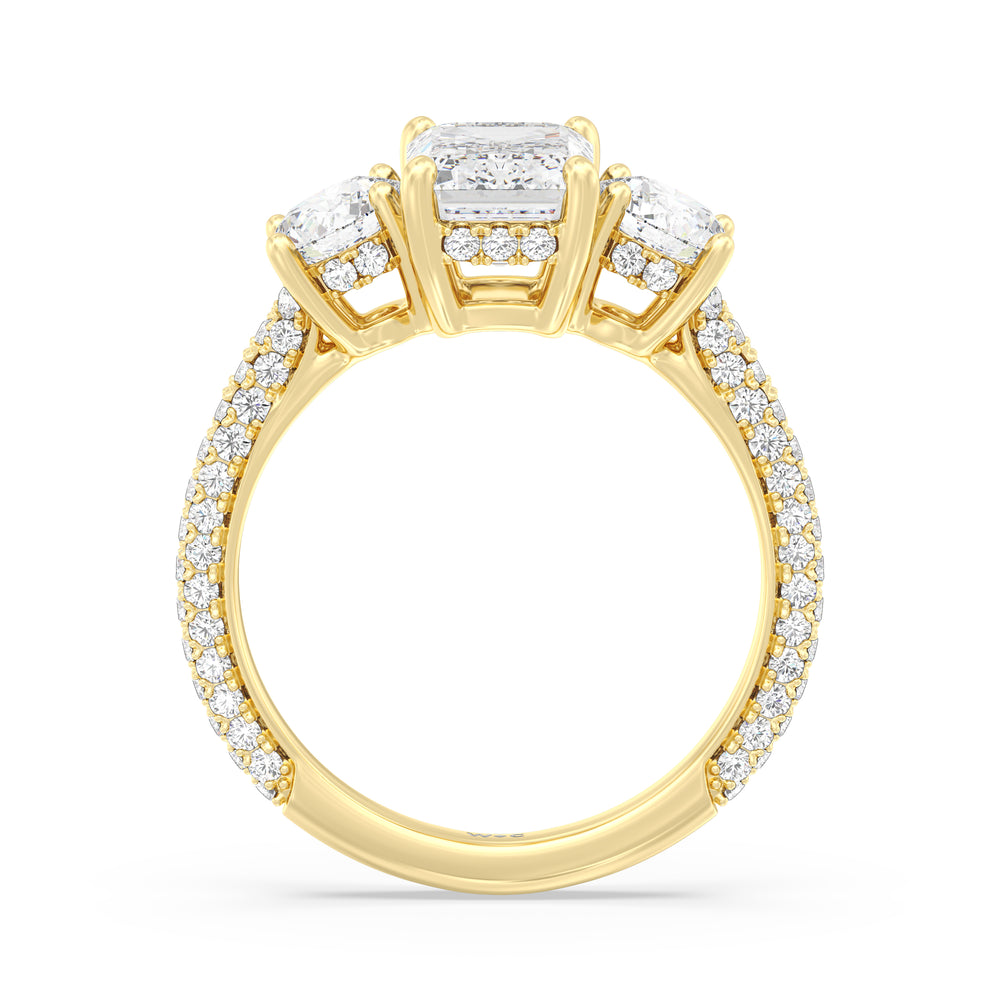 Emerald Cut Elegance Three Stone Studded Gallery Hidden Halo Engagement Ring with Lab Grown Diamond in 14KT Yellow Gold view 2
