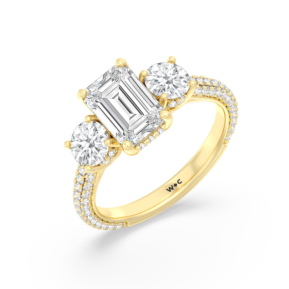 Emerald Cut Elegance Three Stone Studded Gallery Hidden Halo Engagement Ring with Lab Grown Diamond in 14KT Yellow Gold view 3
