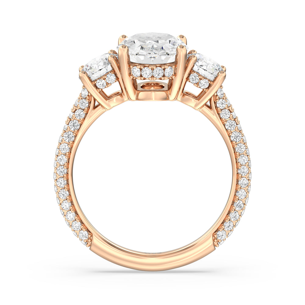 Oval Cut Elegance Three Stone Studded Gallery Hidden Halo Engagement Ring with Lab Grown Diamond in 14KT Rose Gold view 2
