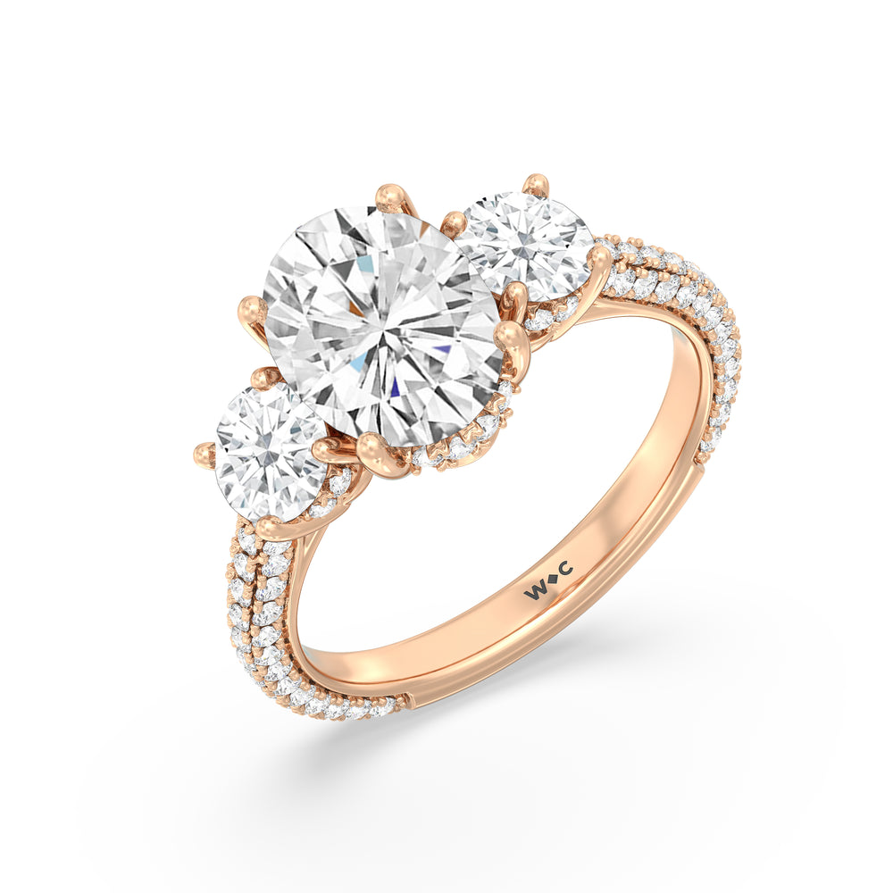 Oval Cut Elegance Three Stone Studded Gallery Hidden Halo Engagement Ring with Lab Grown Diamond in 14KT Rose Gold view 3
