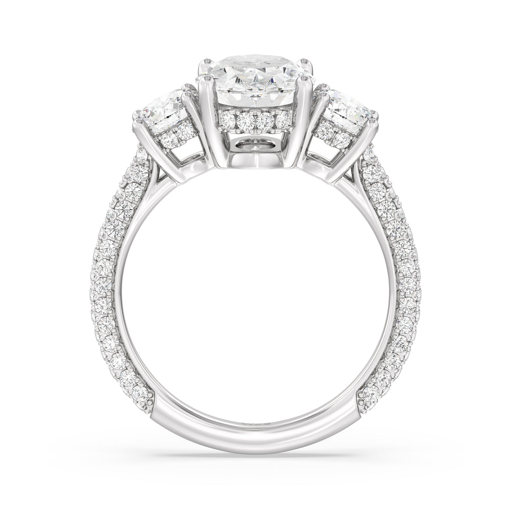 Oval Cut Elegance Three Stone Studded Gallery Hidden Halo Engagement Ring with Lab Grown Diamond in 14KT Platinum view 2
