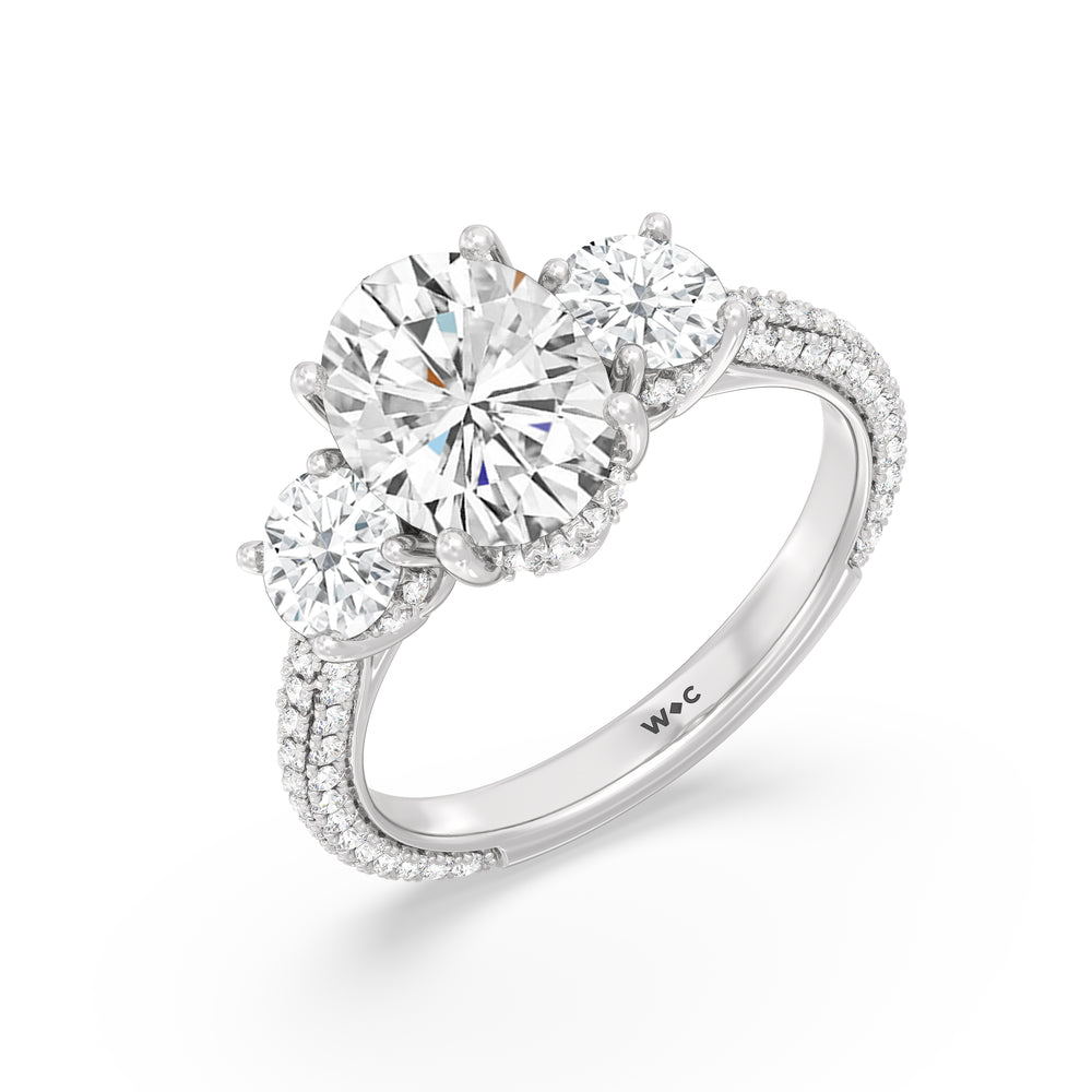 Oval Cut Elegance Three Stone Studded Gallery Hidden Halo Engagement Ring with Lab Grown Diamond in 14KT Platinum view 3
