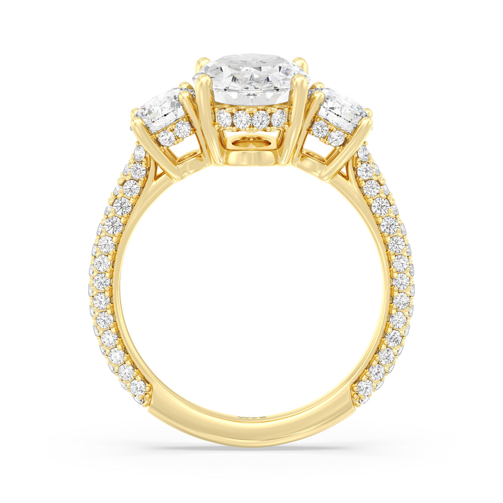 Oval Cut Elegance Three Stone Studded Gallery Hidden Halo Engagement Ring with Lab Grown Diamond in 14KT Yellow Gold view 2
