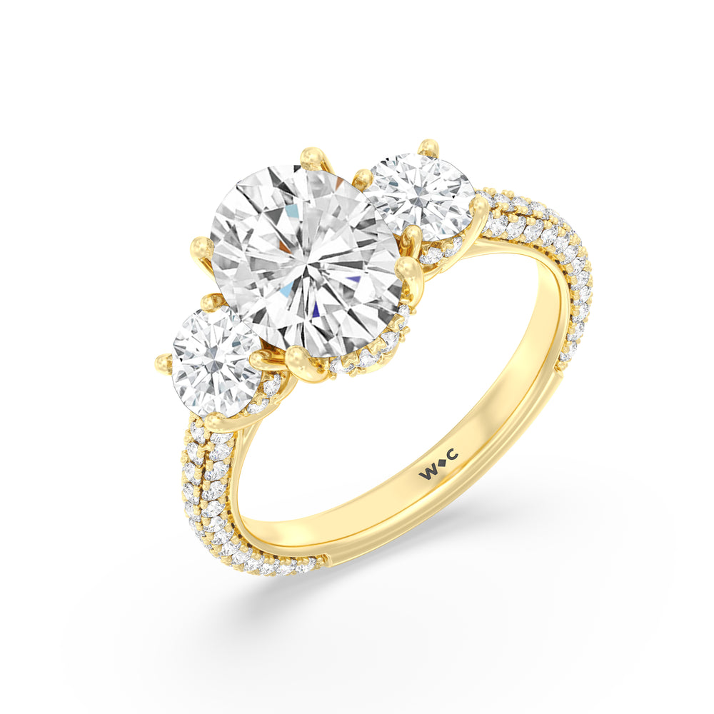 Oval Cut Elegance Three Stone Studded Gallery Hidden Halo Engagement Ring with Lab Grown Diamond in 14KT Yellow Gold view 3
