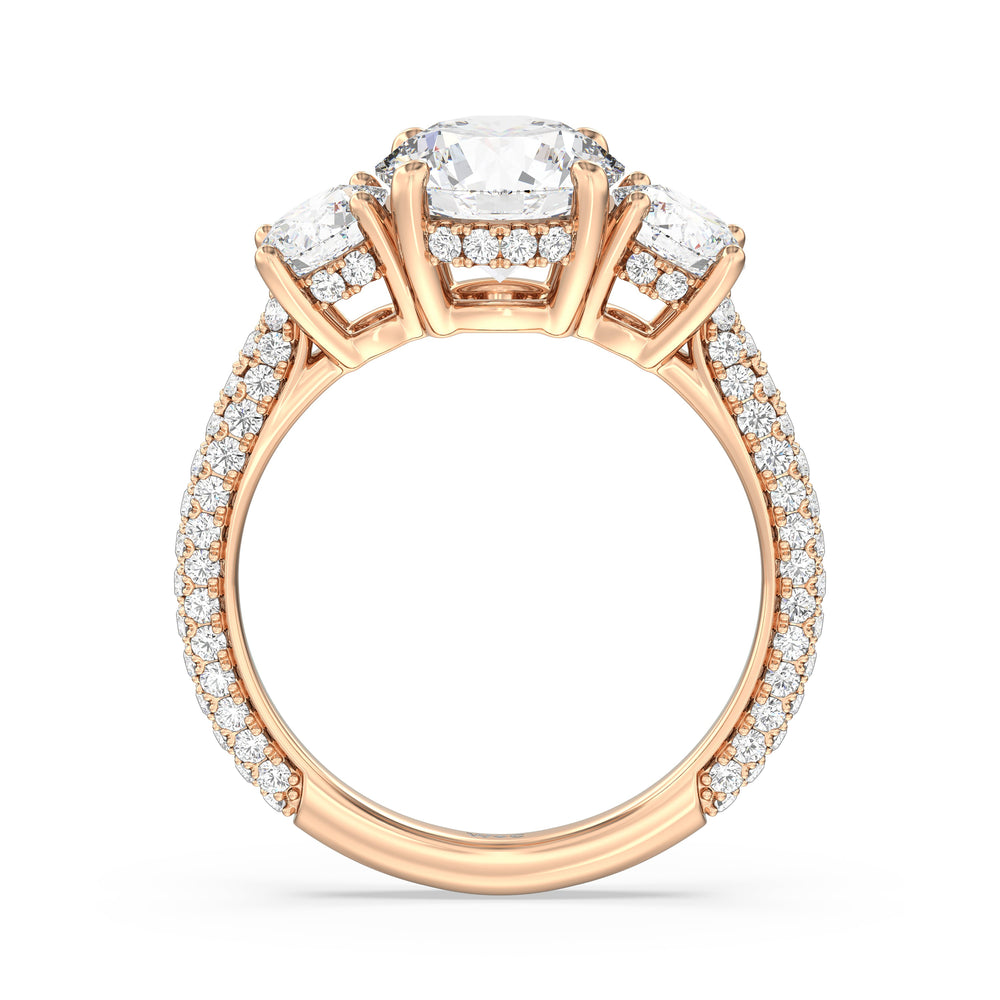 Round Cut Elegance Three Stone Studded Gallery Hidden Halo Engagement Ring with Lab Grown Diamond in 14KT Rose Gold view 2
