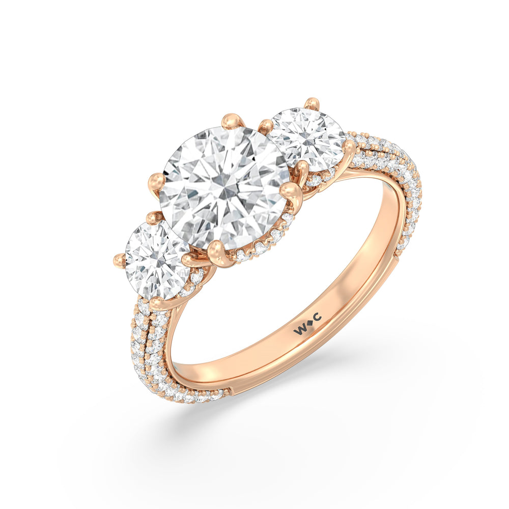 Round Cut Elegance Three Stone Studded Gallery Hidden Halo Engagement Ring with Lab Grown Diamond in 14KT Rose Gold view 3
