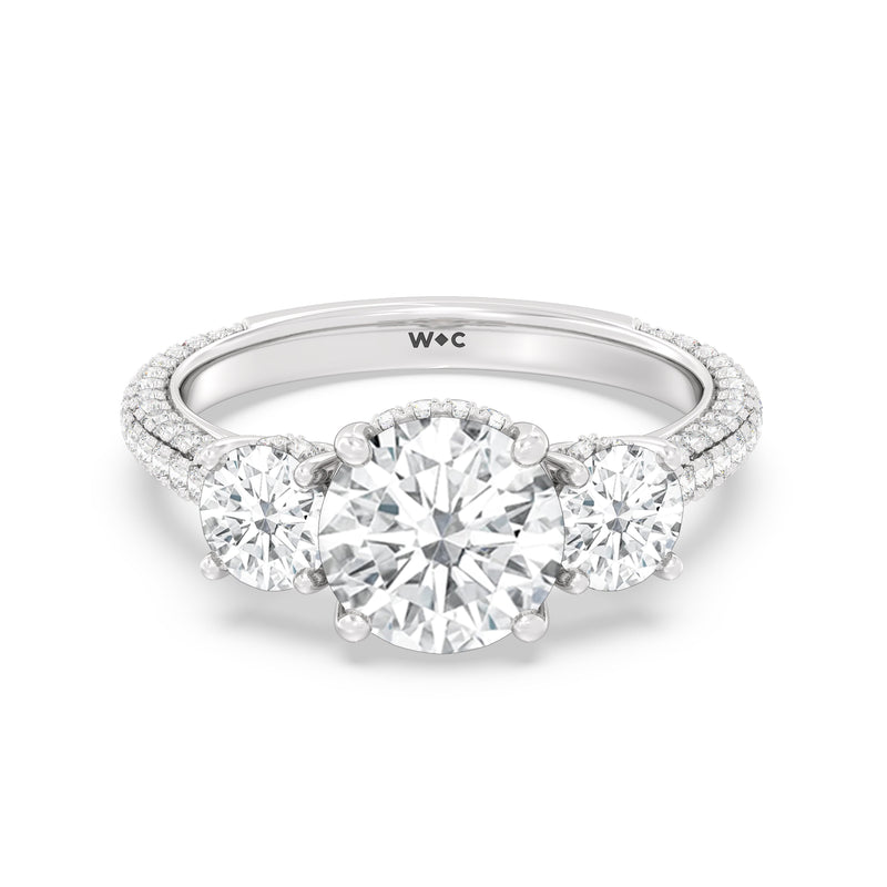 Elegance Three Stone Studded Gallery Hidden Halo Engagement Ring