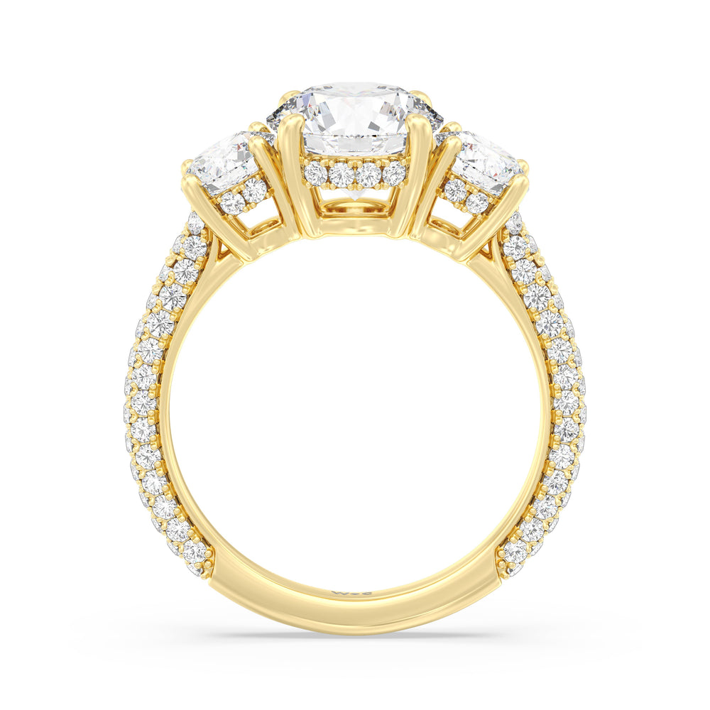 Round Cut Elegance Three Stone Studded Gallery Hidden Halo Engagement Ring with Lab Grown Diamond in 14KT Yellow Gold view 2
