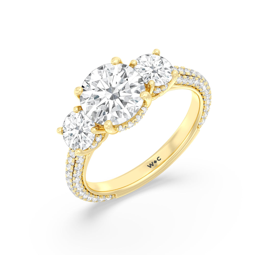 Round Cut Elegance Three Stone Studded Gallery Hidden Halo Engagement Ring with Lab Grown Diamond in 14KT Yellow Gold view 3
