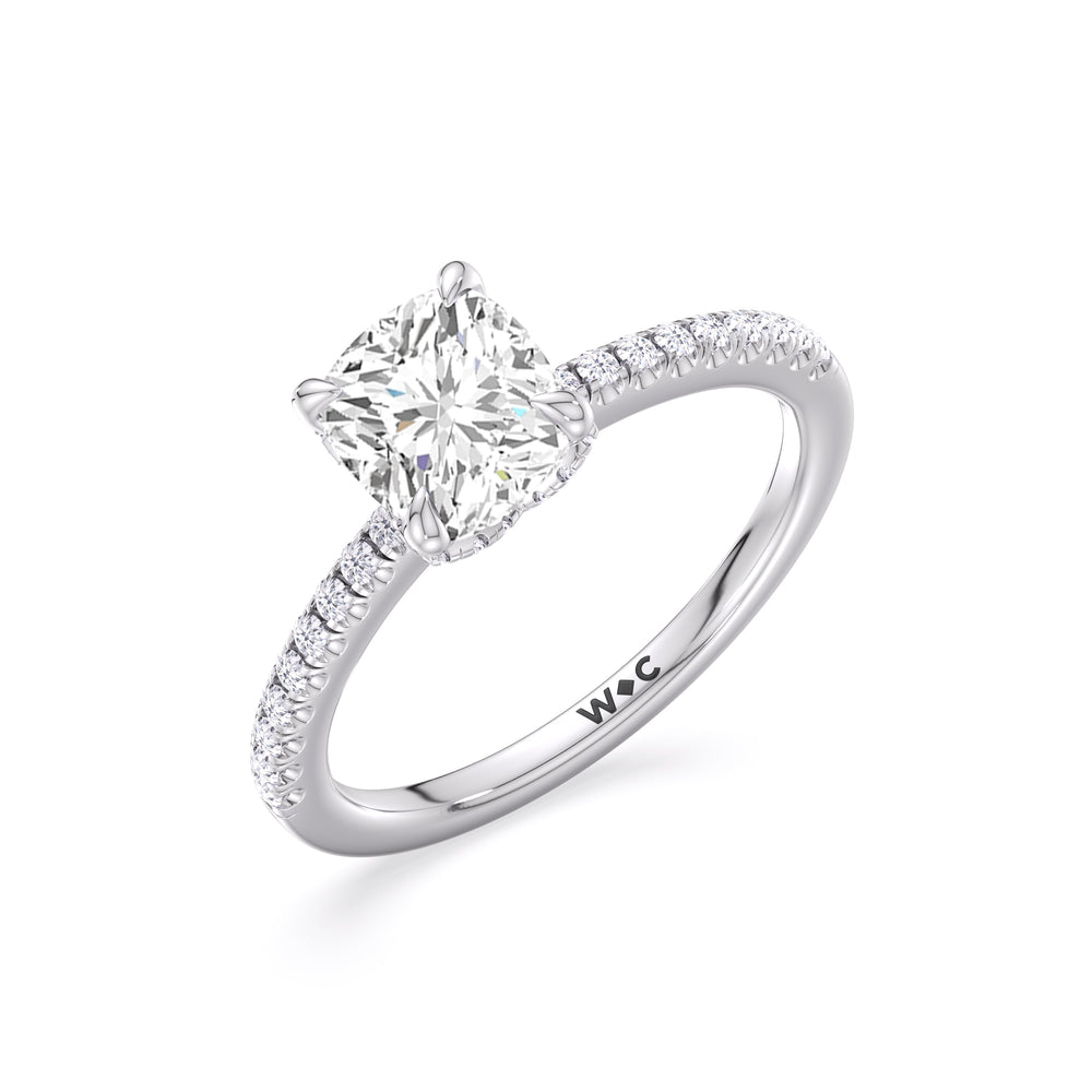Fine Chevron Hidden Halo Engagement Ring with Cushion Cut Diamond in 14KT Platinum view 3
