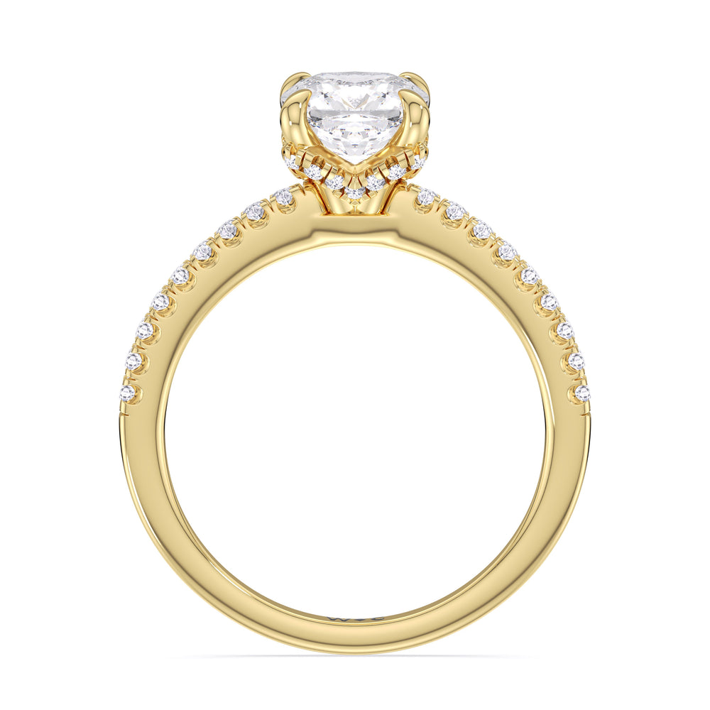 Fine Chevron Hidden Halo Engagement Ring with Cushion Cut Diamond in 14KT Yellow Gold view 2
