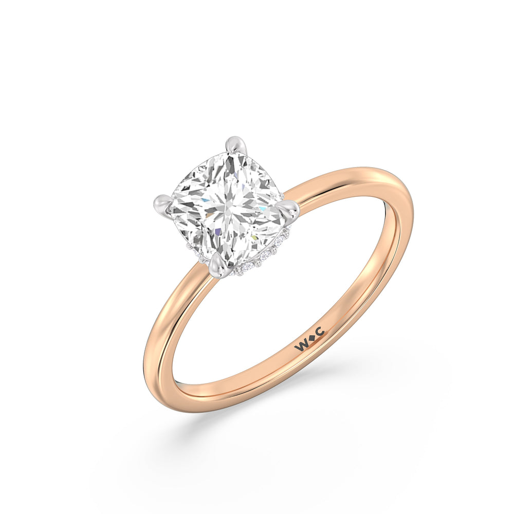 Petite Modern Fine Line Hidden Halo Engagement Ring with Cushion Cut Diamond in 14KT White & Rose Gold view 3
