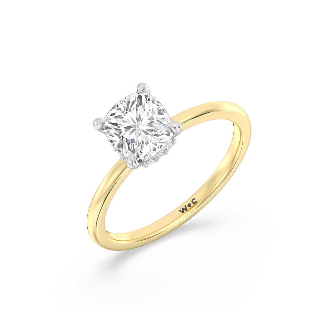 Petite Modern Fine Line Hidden Halo Engagement Ring with Cushion Cut Diamond in 14KT White & Yellow Gold view 3
